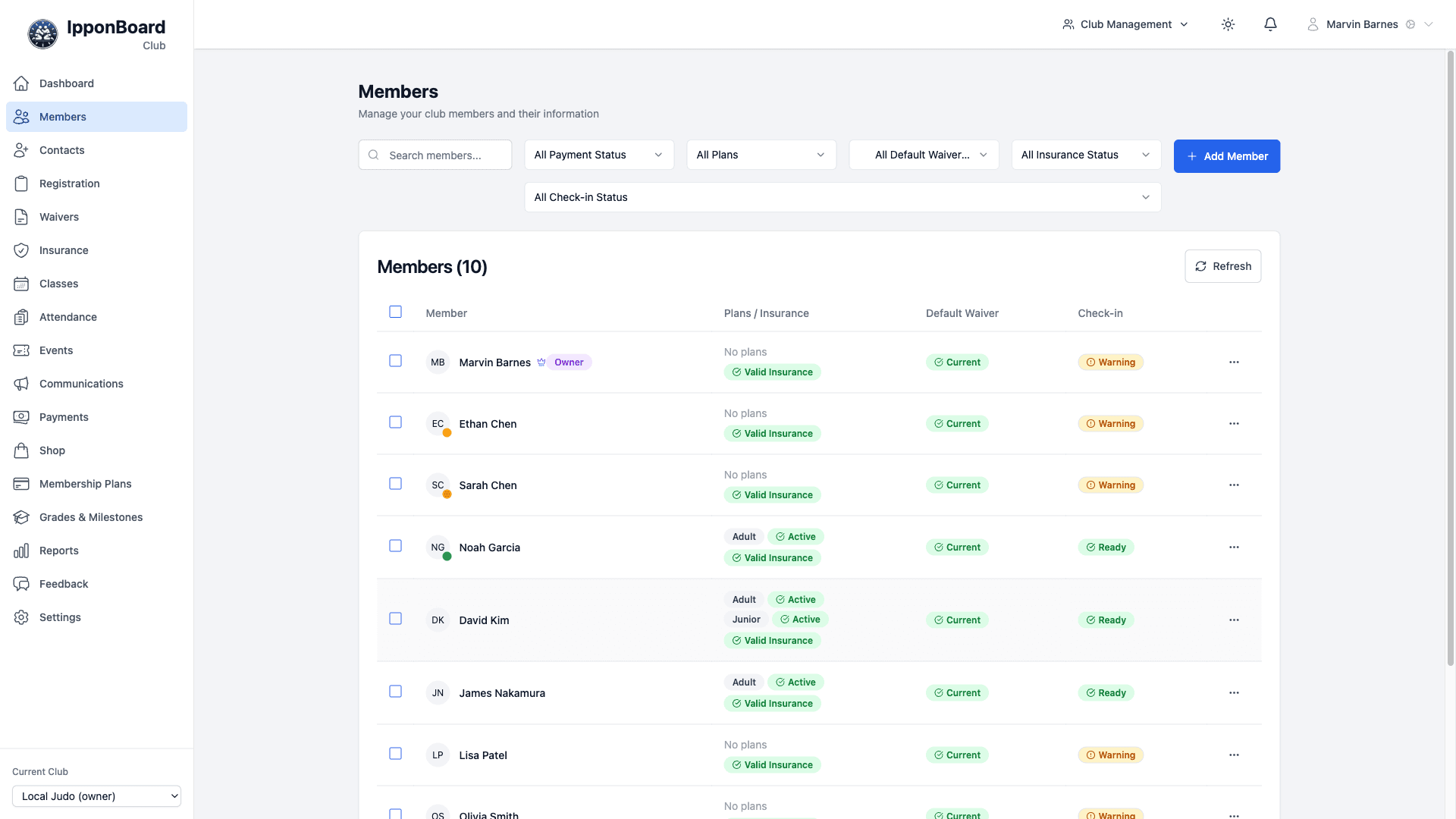 IpponBoard member management showing judoka profiles with dan/kyu grades and contact details